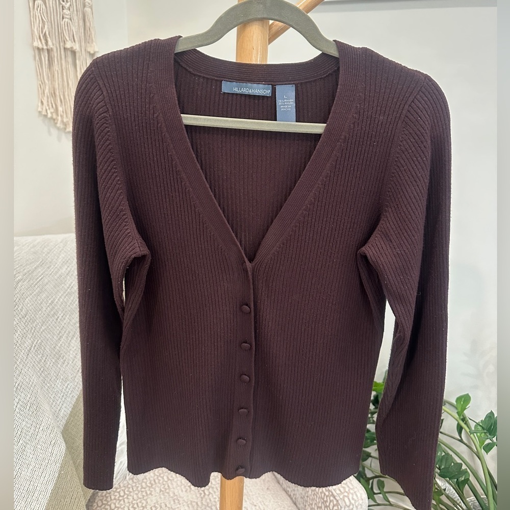 Hillard & Hanson Ribbed Button Front Cardigan | Brown | Size Large